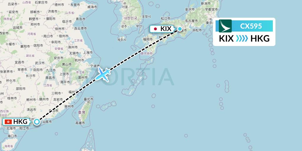 CX595 Cathay Pacific Flight Map: Osaka to Hong Kong