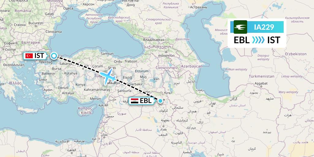 IA229 Iraqi Airways Flight Map: Arbil to Istanbul