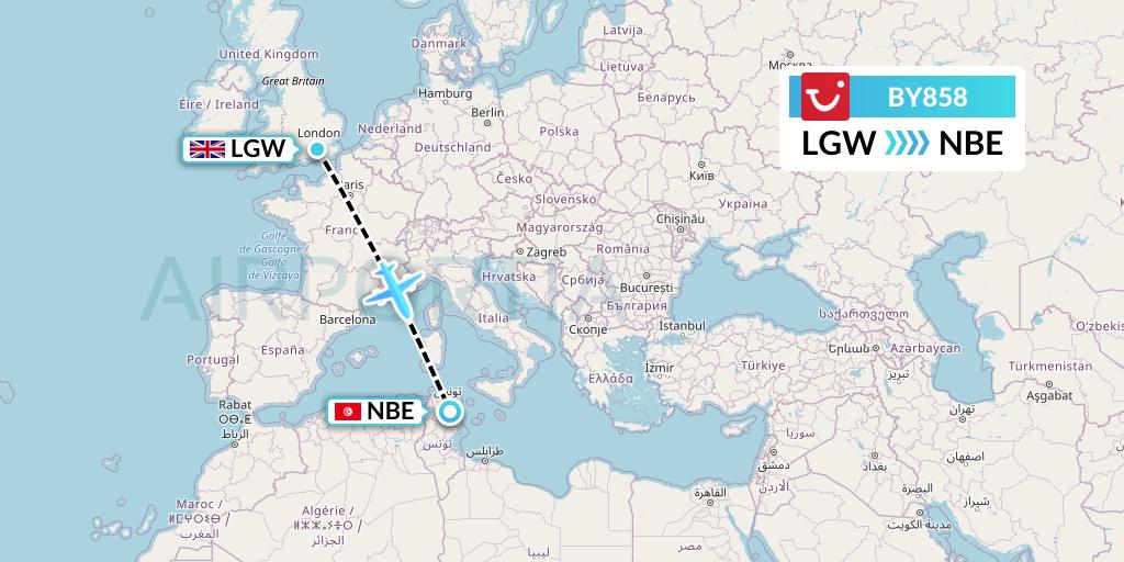 BY858 TUI Airways Flight Map: London to Enfidha