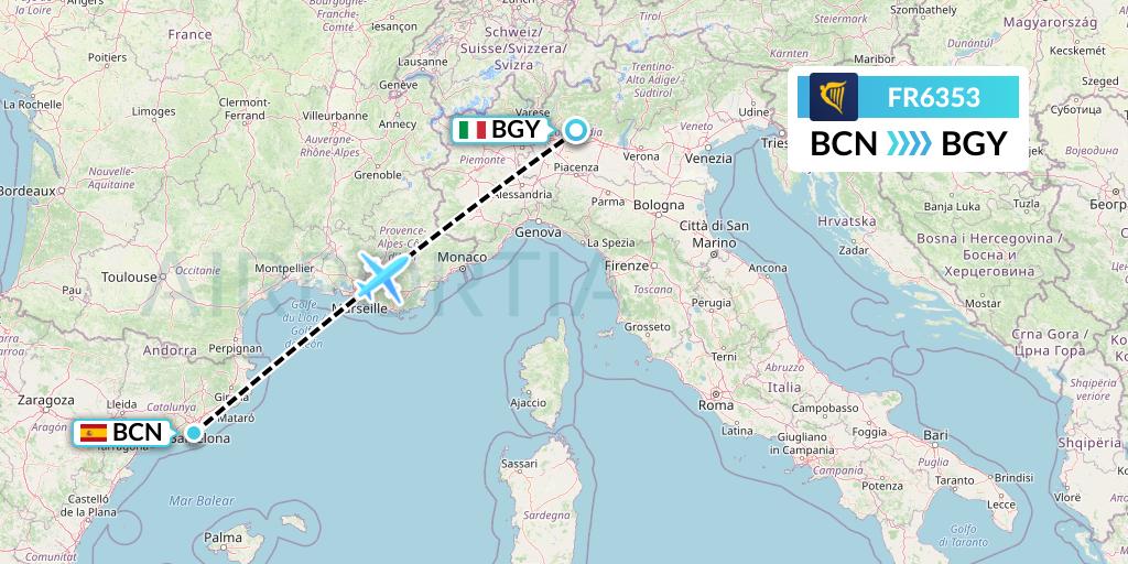 FR6353 Ryanair Flight Map: Barcelona to Milan