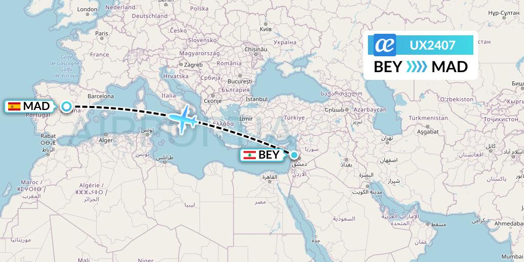 UX2407 Air Europa Flight Map: Beirut to Madrid