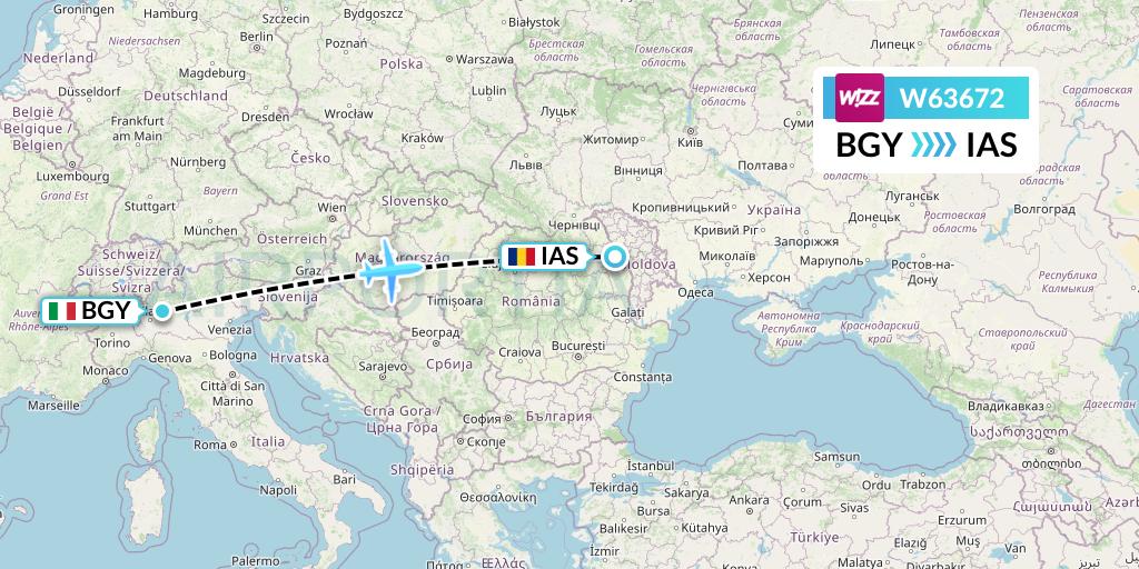 W63672 Wizz Air Flight Map: Milan to Iasi
