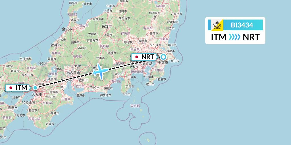 BI3434 Royal Brunei Airlines Flight Map: Osaka to Tokyo