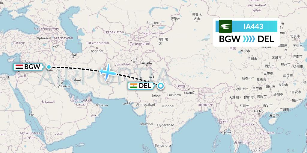 IA443 Iraqi Airways Flight Map: Baghdad to Delhi