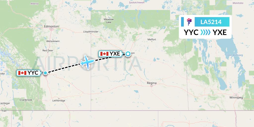 LA5214 LATAM Airlines Flight Map: Calgary to Saskatoon