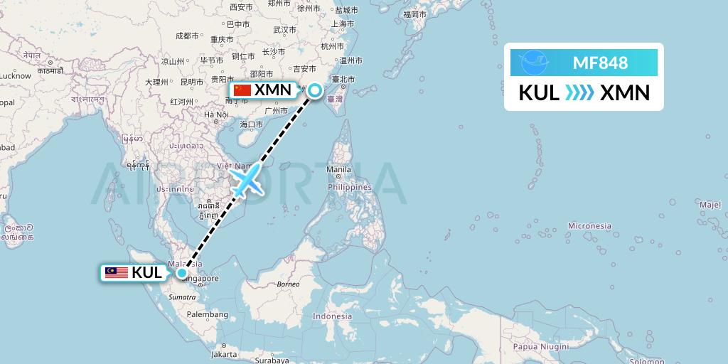 MF848 Xiamen Airlines Flight Map: Kuala Lumpur to Xiamen
