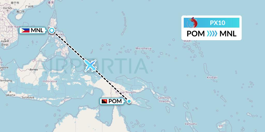 PX10 Air Niugini Flight Map: Port Moresby to Manila