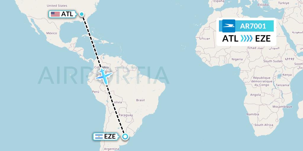 AR7001 Aerolineas Argentinas Flight Map: Atlanta to Buenos Aires
