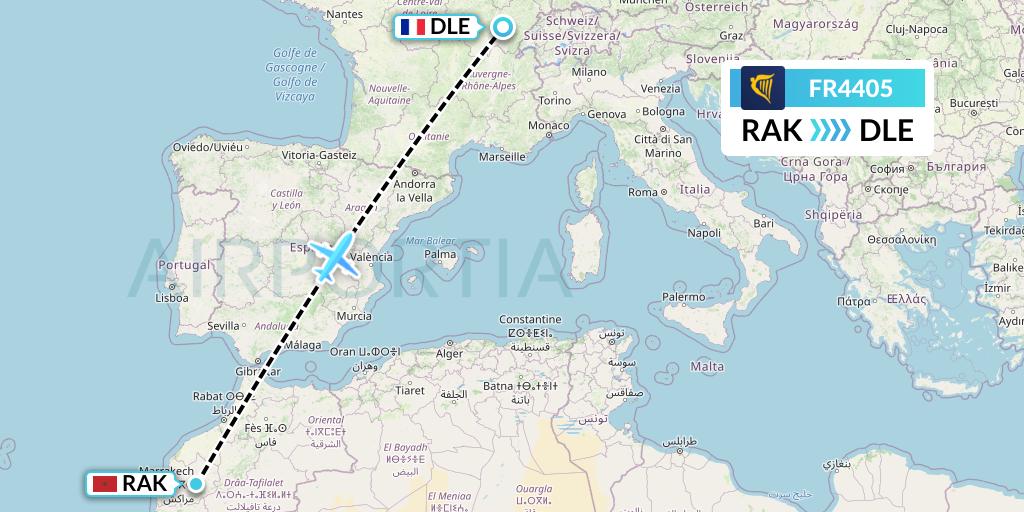 FR4405 Ryanair Flight Map: Marrakesh to Dole