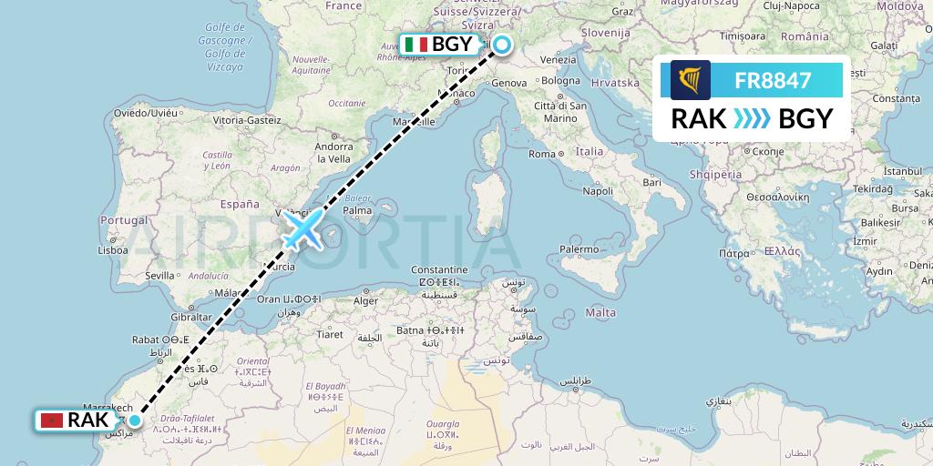 FR8847 Ryanair Flight Map: Marrakesh to Milan