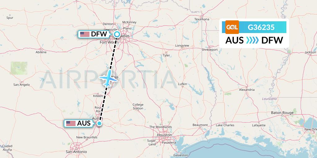 G36235 GOL Transportes Aeros Flight Map: Austin to Dallas