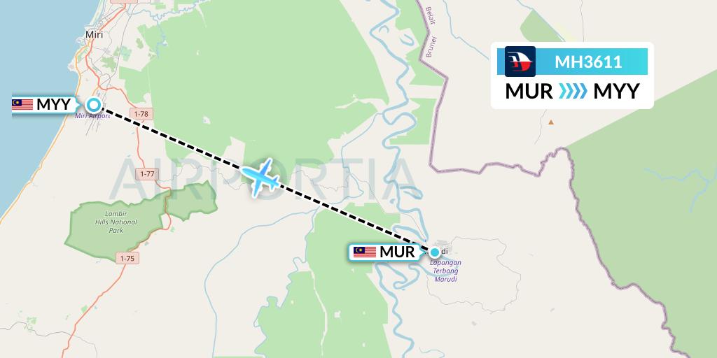 MH3611 Malaysia Airlines Flight Map: Marudi to Miri