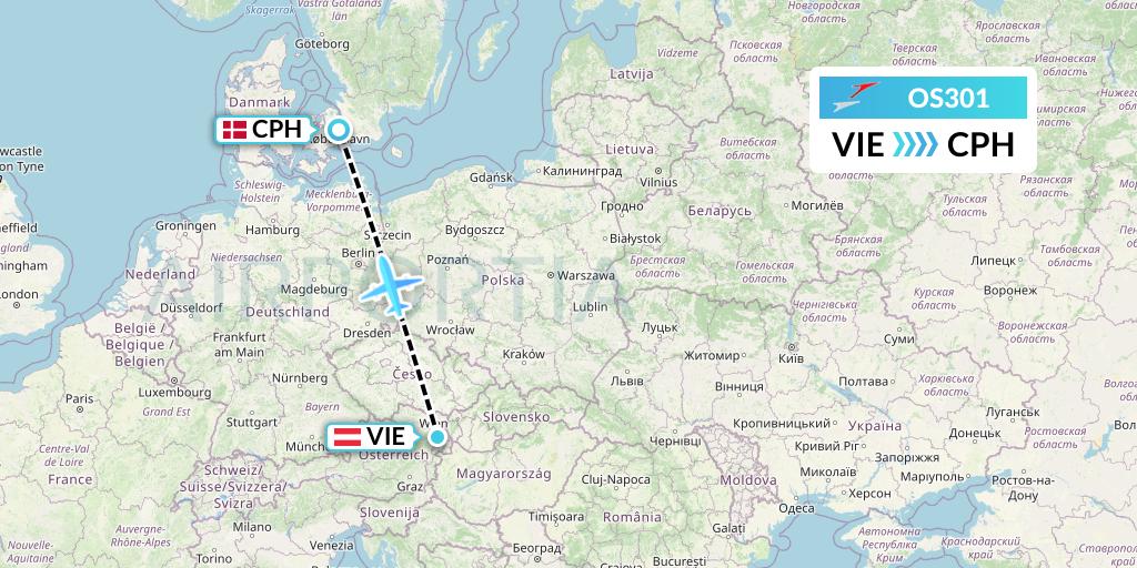 OS301 Austrian Airlines Flight Map: Vienna to Copenhagen
