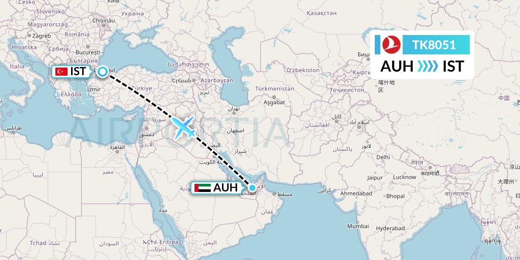 TK8051 Turkish Airlines Flight Map: Abu Dhabi to Istanbul