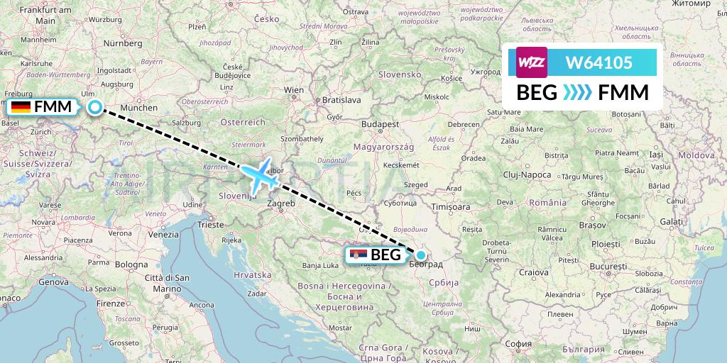 W64105 Wizz Air Flight Map: Belgrade to Memmingen