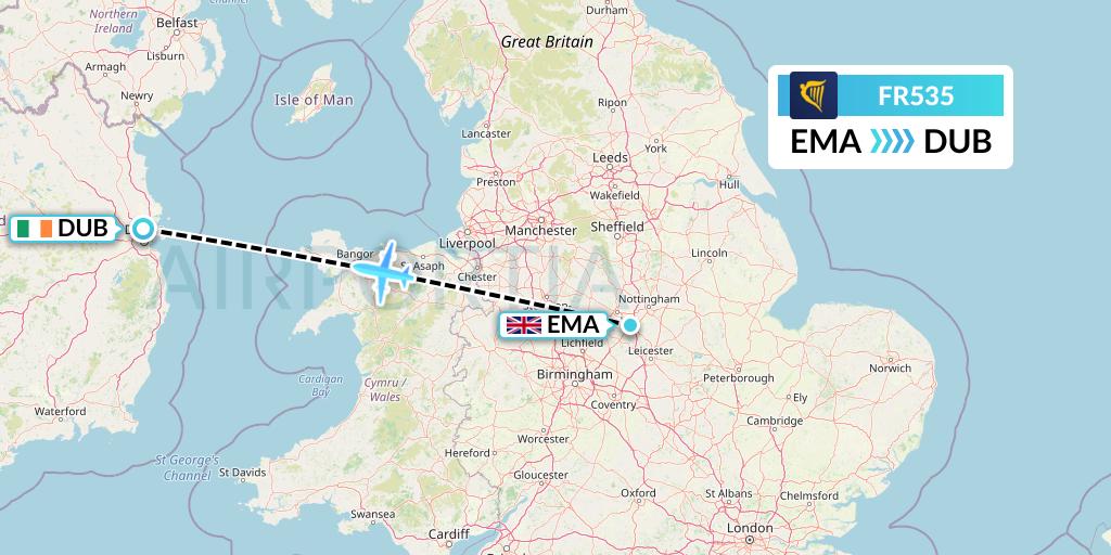 FR535 Ryanair Flight Map: East Midlands to Dublin