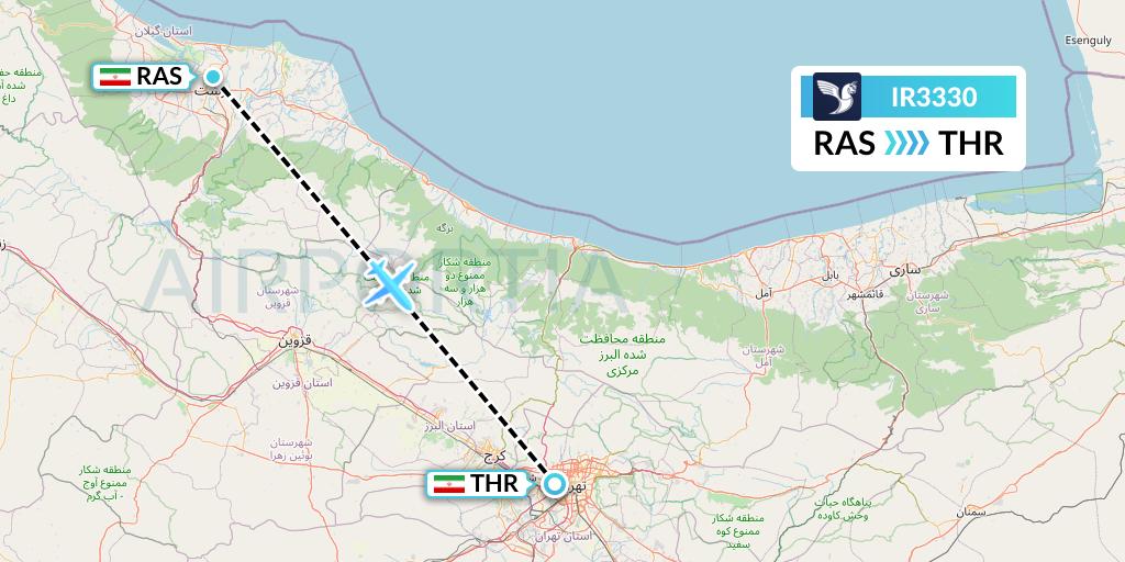 IR3330 Iran Air Flight Map: Rasht to Tehran