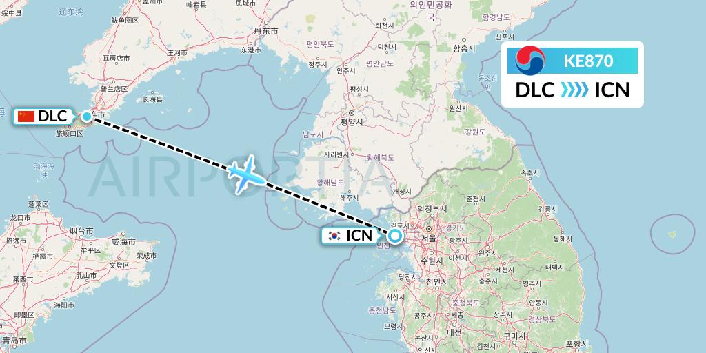 KE870 Korean Air Flight Map: Dalian to Seoul