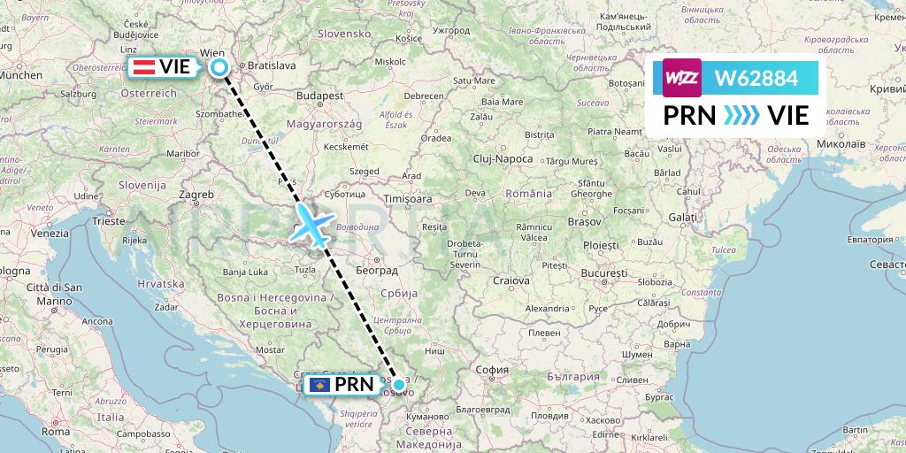 W62884 Wizz Air Flight Map: Pristina to Vienna