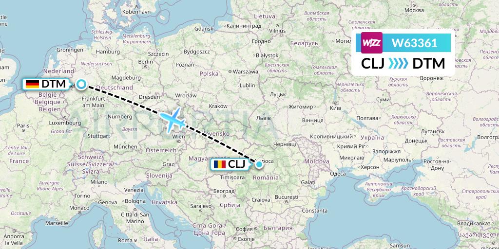 W63361 Wizz Air Flight Map: Cluj-Napoca to Dortmund