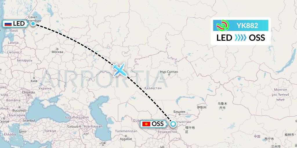 YK882 Avia Traffic Flight Map: St. Petersburg to Osh
