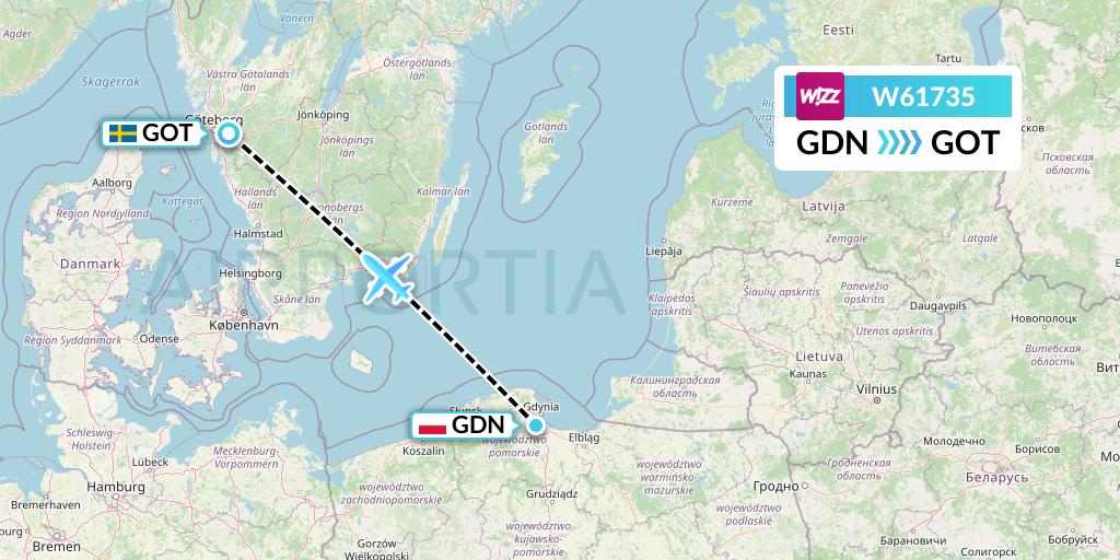 W61735 Wizz Air Flight Map: Gdansk to Gothenburg