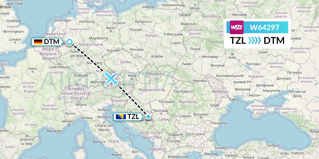W64297 Wizz Air Flight Map: Tuzla to Dortmund