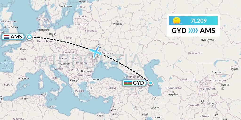 7L209 Silk Way West Airlines Flight Map: Baku to Amsterdam