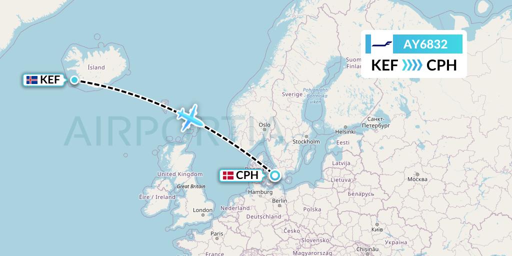 AY6832 Finnair Flight Map: Reykjavik to Copenhagen