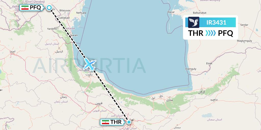 IR3431 Iran Air Flight Map: Tehran to Parsabad