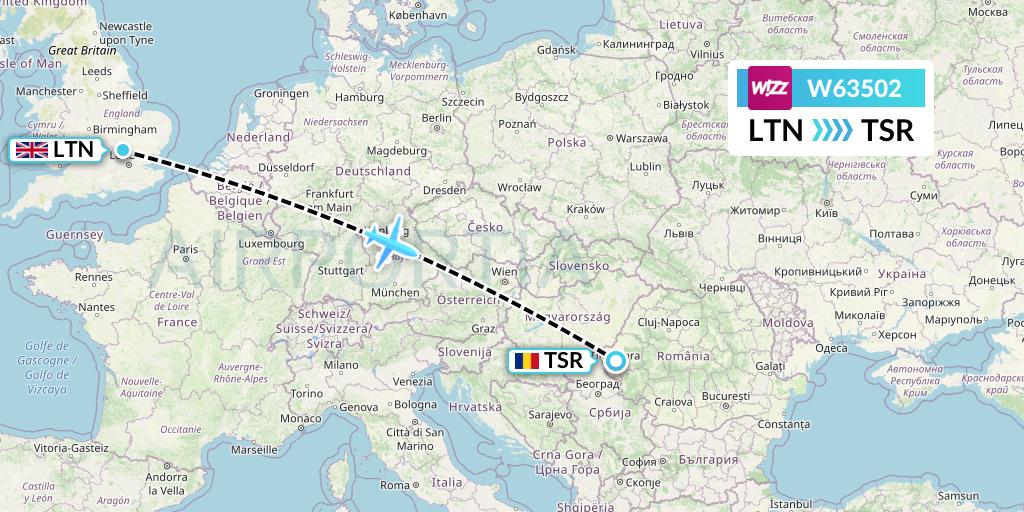 W63502 Wizz Air Flight Map: London to Timisoara
