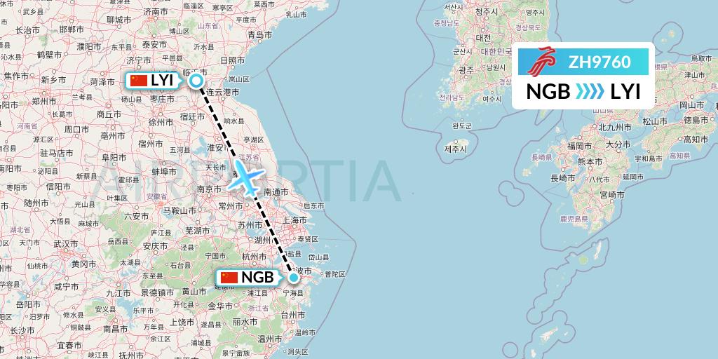 ZH9760 Shenzhen Airlines Flight Map: Ningbo to Linyi
