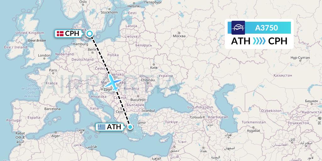 A3750 Aegean Airlines Flight Map: Athens to Copenhagen
