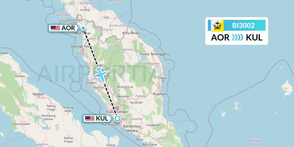 BI3002 Royal Brunei Airlines Flight Map: Alor Setar to Kuala Lumpur