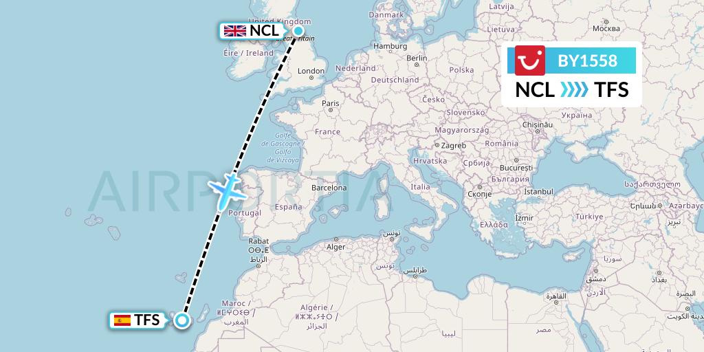 BY1558 TUI Airways Flight Map: Newcastle to Tenerife