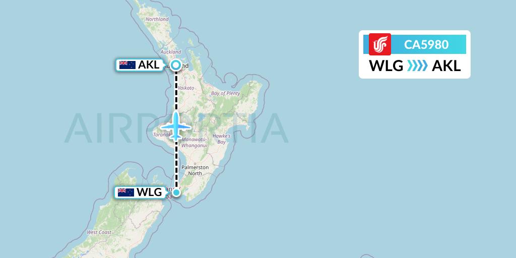 CA5980 Air China Flight Map: Wellington to Auckland