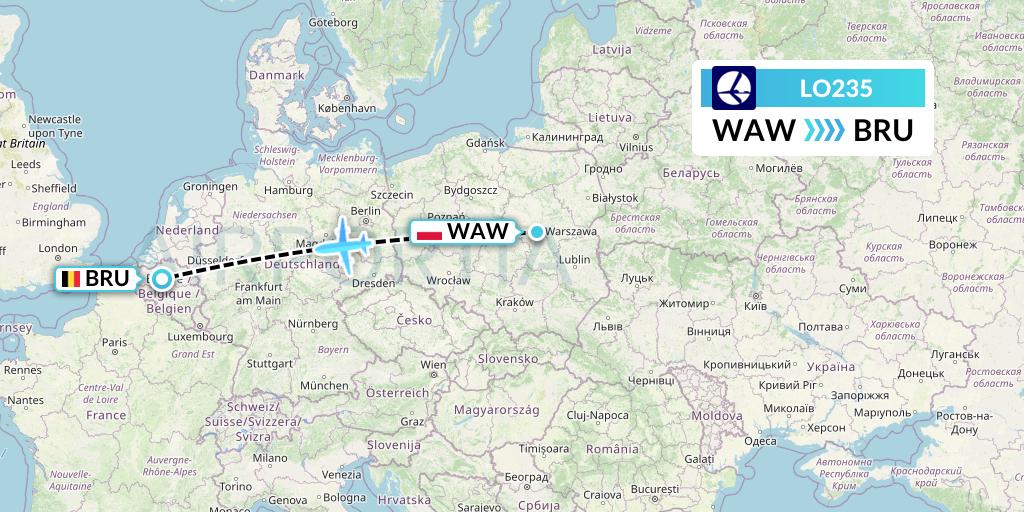 LO235 LOT Flight Map: Warsaw to Brussels