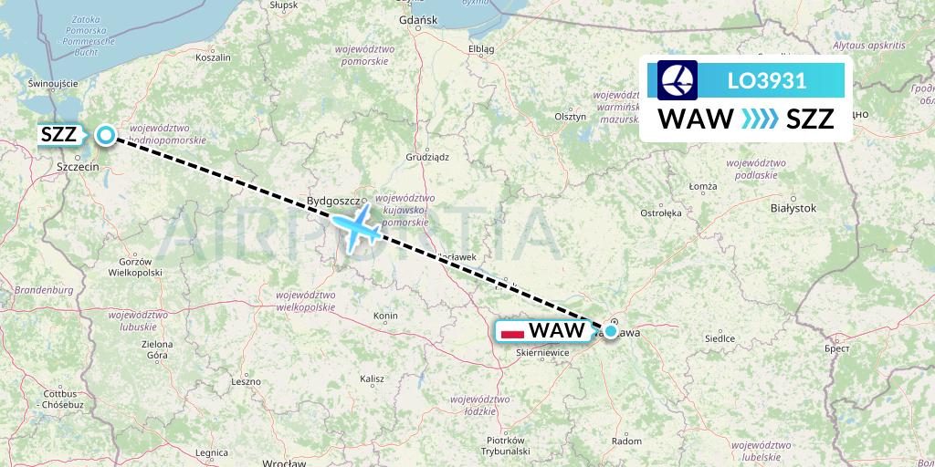 LO3931 LOT Flight Map: Warsaw to Szczecin