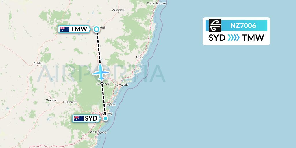 NZ7006 Air New Zealand Flight Map: Sydney to Tamworth