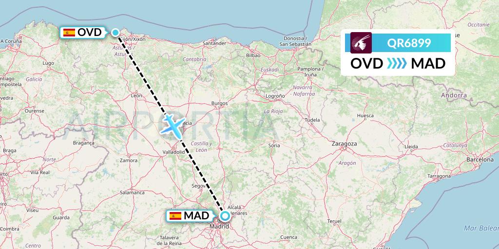 QR6899 Qatar Airways Flight Map: Asturias to Madrid