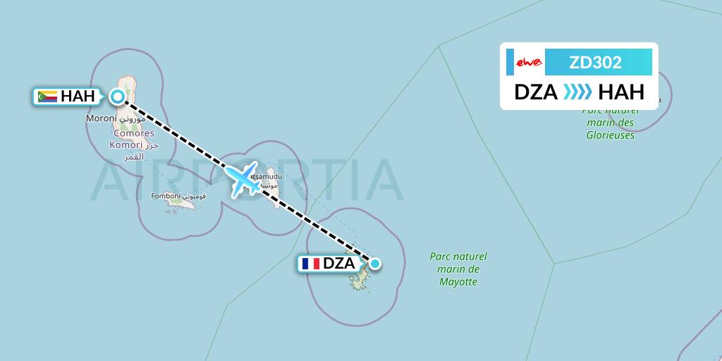 ZD302 EWA Air Flight Map: Dzaoudzi to Moroni