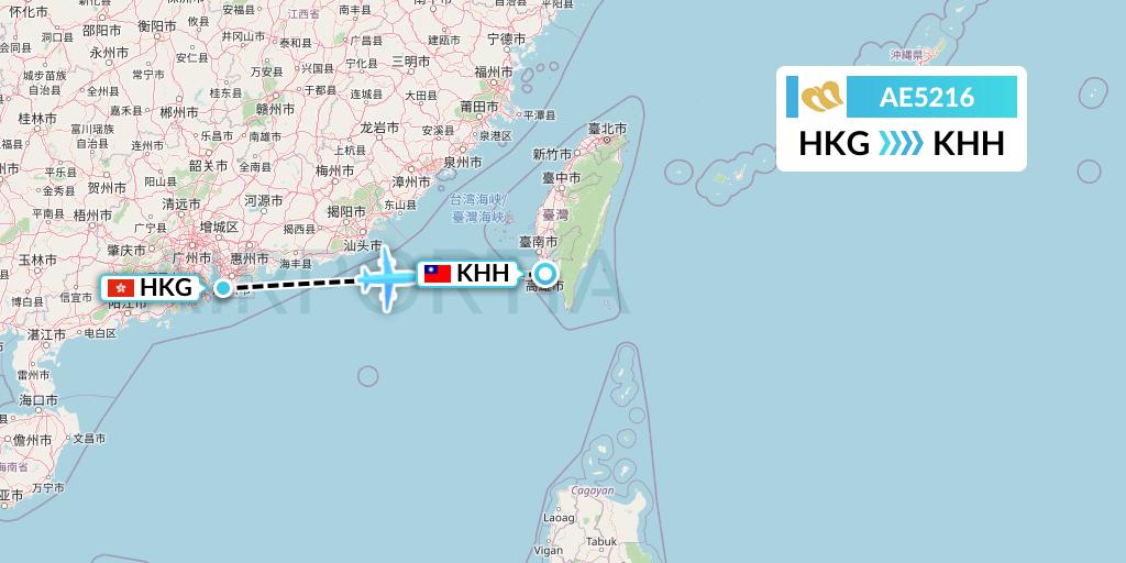 AE5216 Mandarin Airlines Flight Map: Hong Kong to Kaohsiung