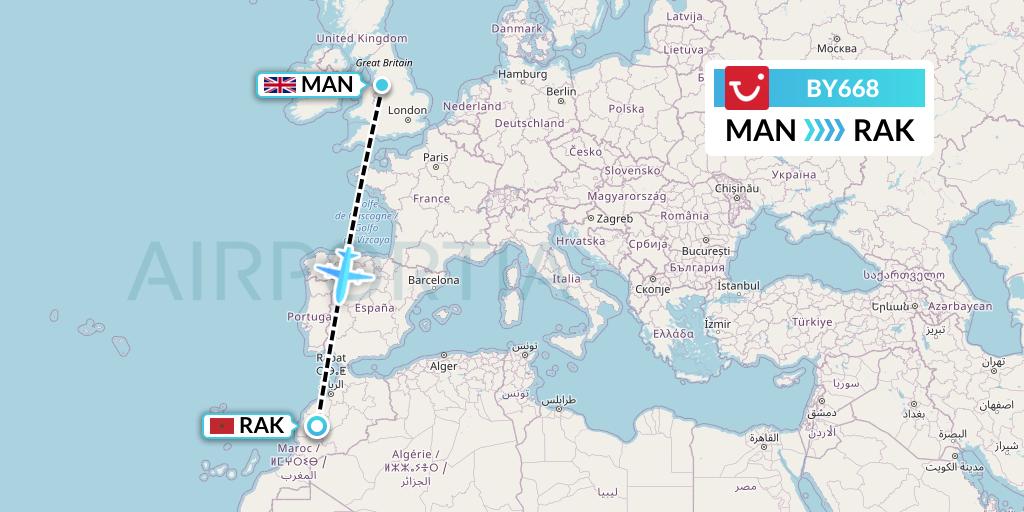 BY668 TUI Airways Flight Map: Manchester to Marrakesh 
