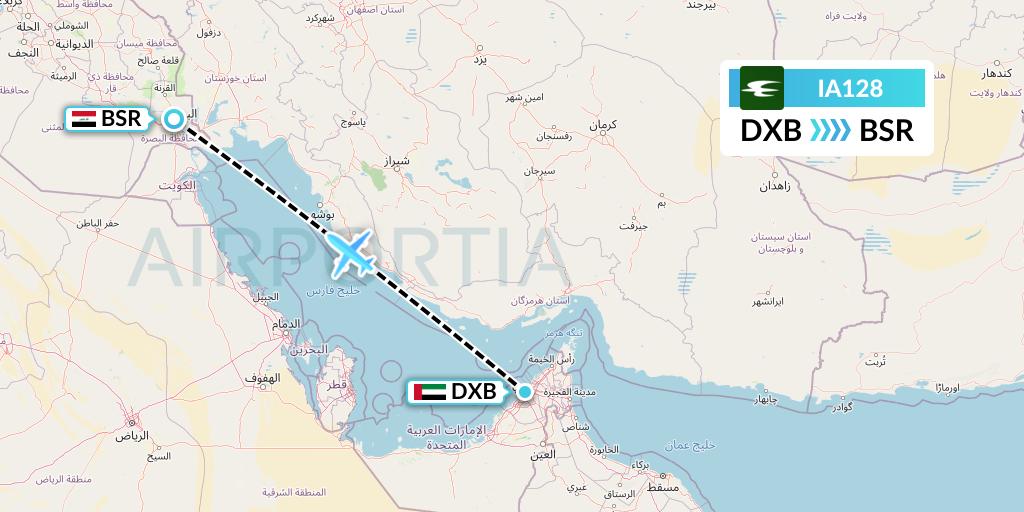 IA128 Iraqi Airways Flight Map: Dubai to Basra