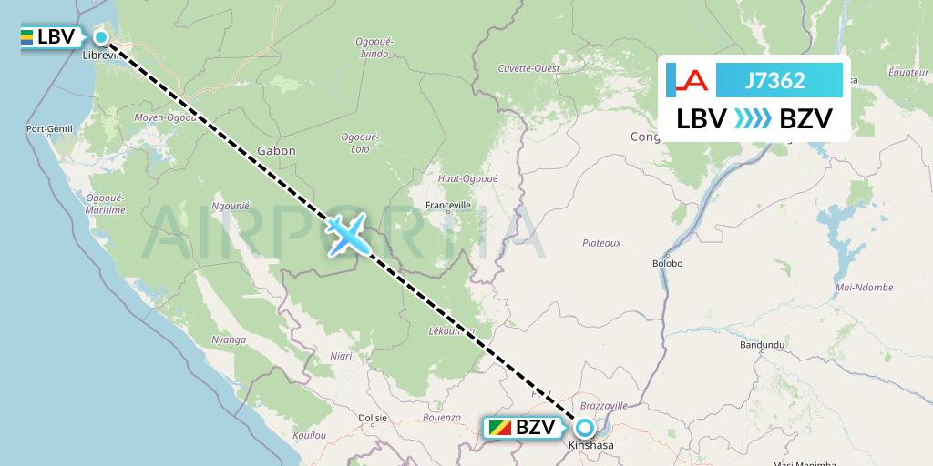 J7362 Afrijet Business Services Flight Map: Libreville to Brazzaville