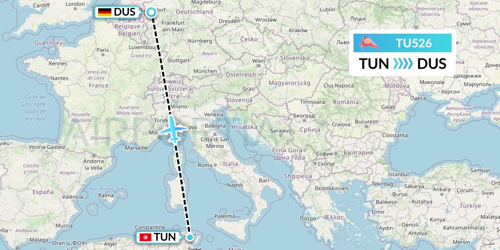 TU526 Tunisair Flight Map: Tunis to Dusseldorf