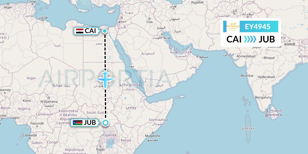 EY4945 Etihad Airways Flight Map: Cairo to Juba