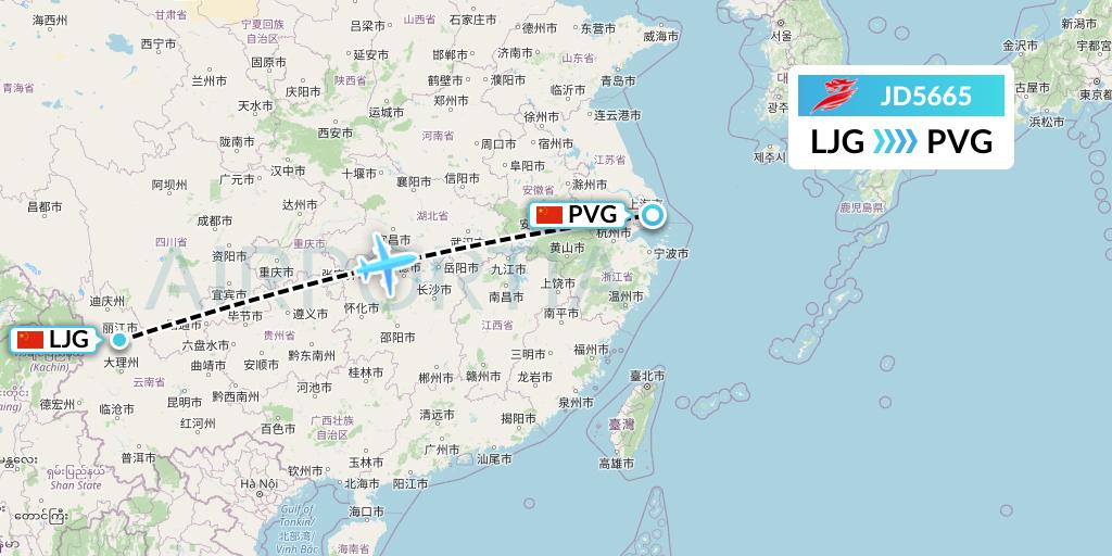 JD5665 Capital Airlines Flight Map: Lijiang to Shanghai