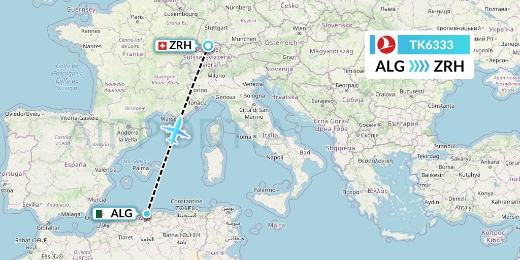 TK6333 Turkish Airlines Flight Map: Algiers to Zurich