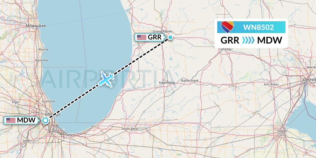 WN8502 Southwest Airlines Flight Map: Grand Rapids to Chicago